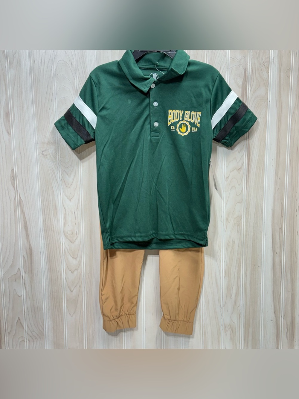Body Glove Dark Green Polo with Yellow Logo & Tan Jogger Set